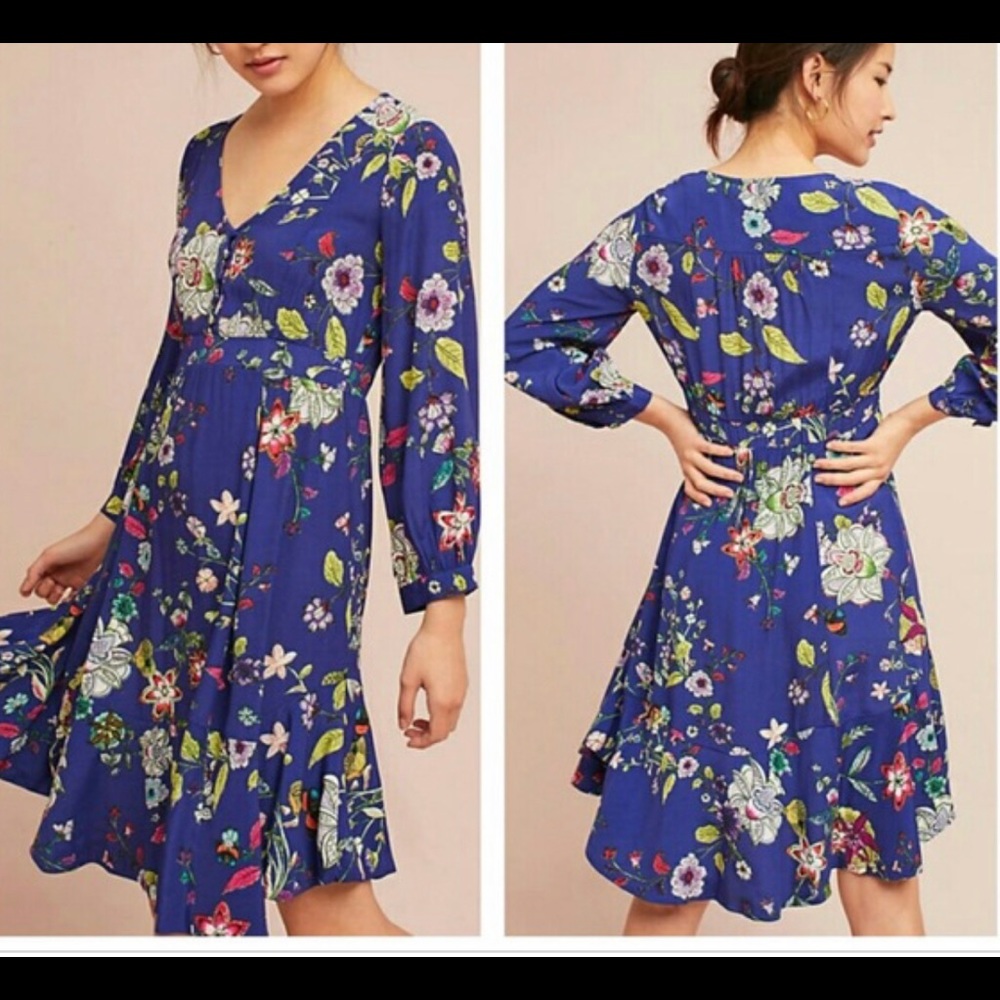 Maeve Anthropology Blue Floral Maplewood Dress L